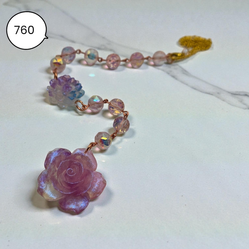 Iridescent Pink Flower Car Charm – Handmade Beaded Decor